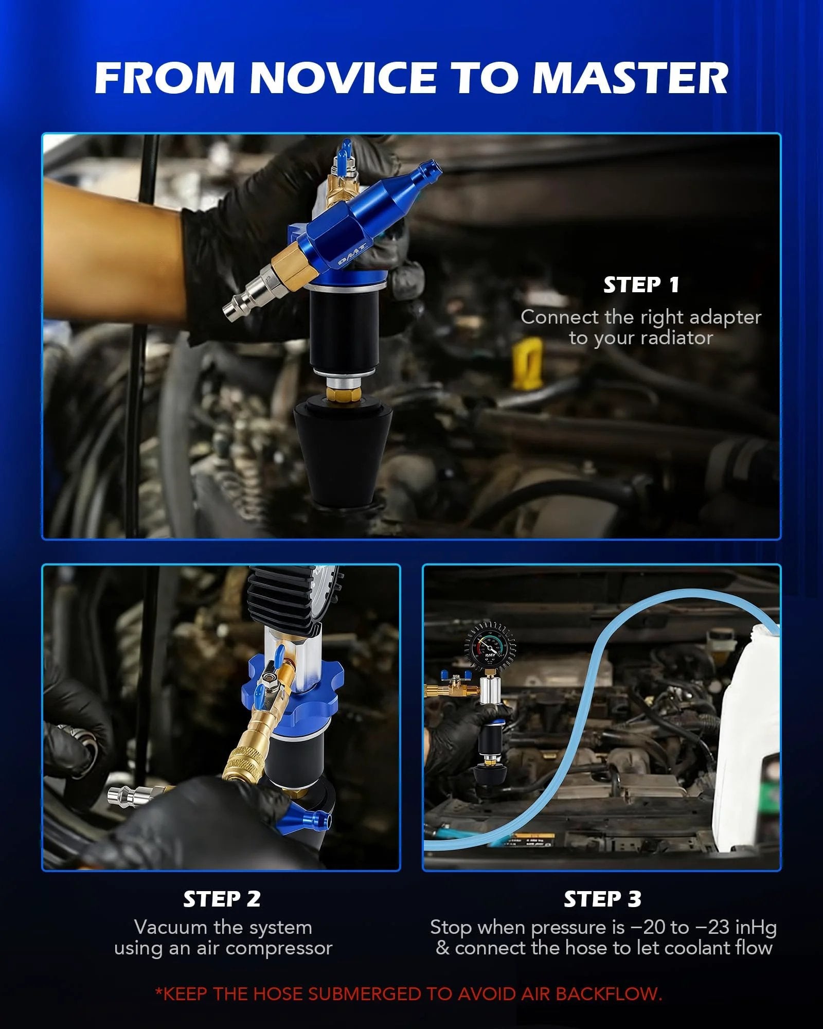 Fast And Easy No Fuss Radiator Coolant Vacuum Refill Kit For Quick Ten Minute Refill, 13-Piece Tool Set With Conical Adapter And Four Round Adapters, Splashproof Hose For Leak Detection And Vacuum Fill Orion Motor Tech installation steps for DIY coolant refill.