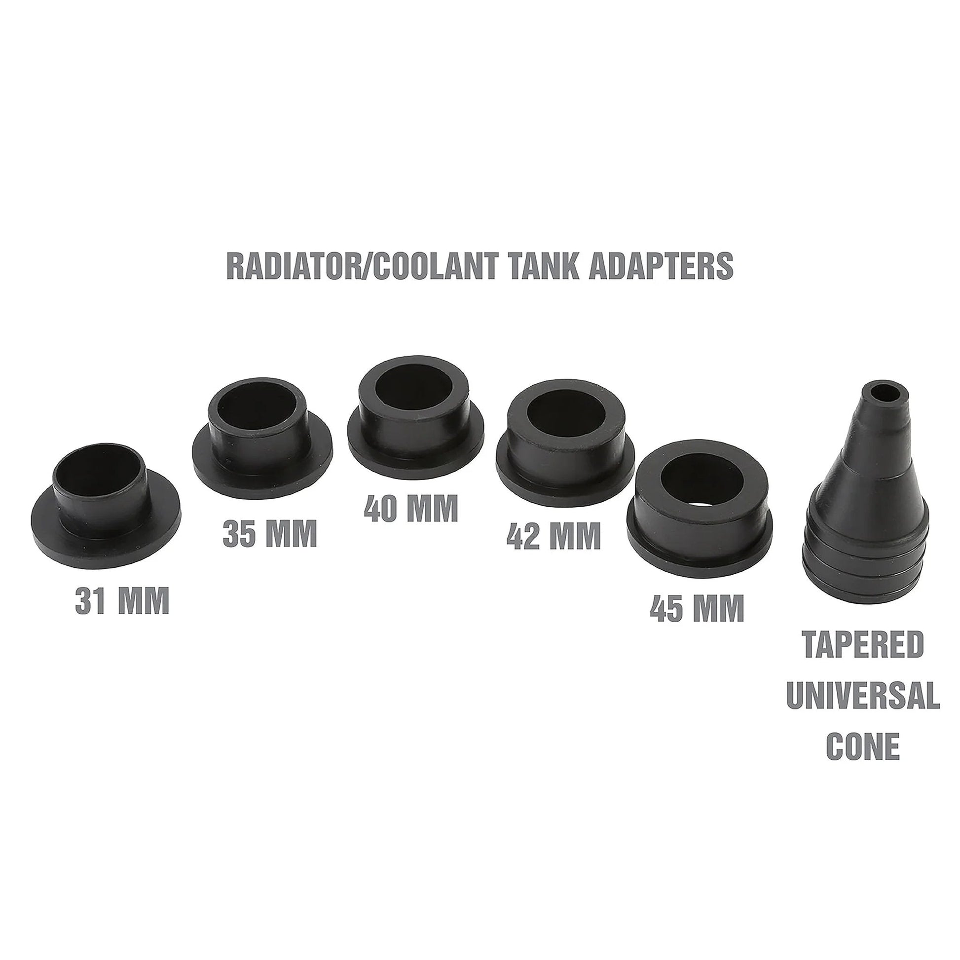 Air Evac Cooling System Refiller Kit For Quick Refill And Air Removal No Fuss, With Universal Adapters showing 5 coolant tank adapters and tapered cone.