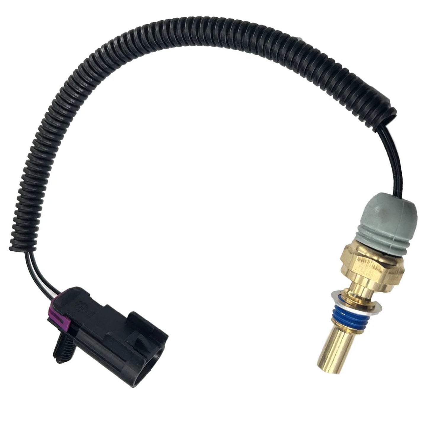 Radiator Coolant Temperature Sensor Pigtail Replacement For 2002 To 2005 GM SUVs with a coil wire and brass fitting.