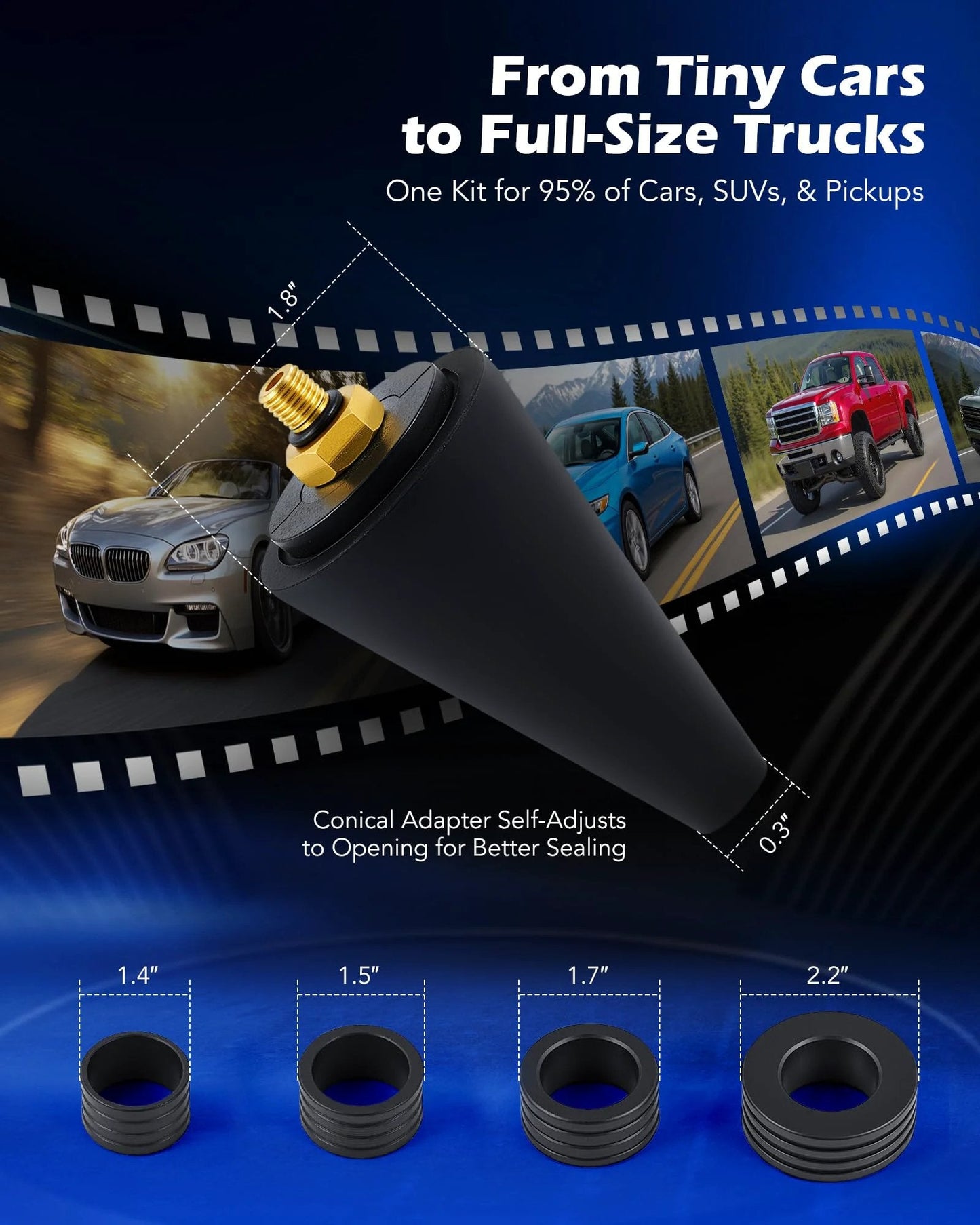 Conical adapter from the Fast And Easy No Fuss Radiator Coolant Vacuum Refill Kit For Quick Ten Minute Refill, highlighting size adjustments.