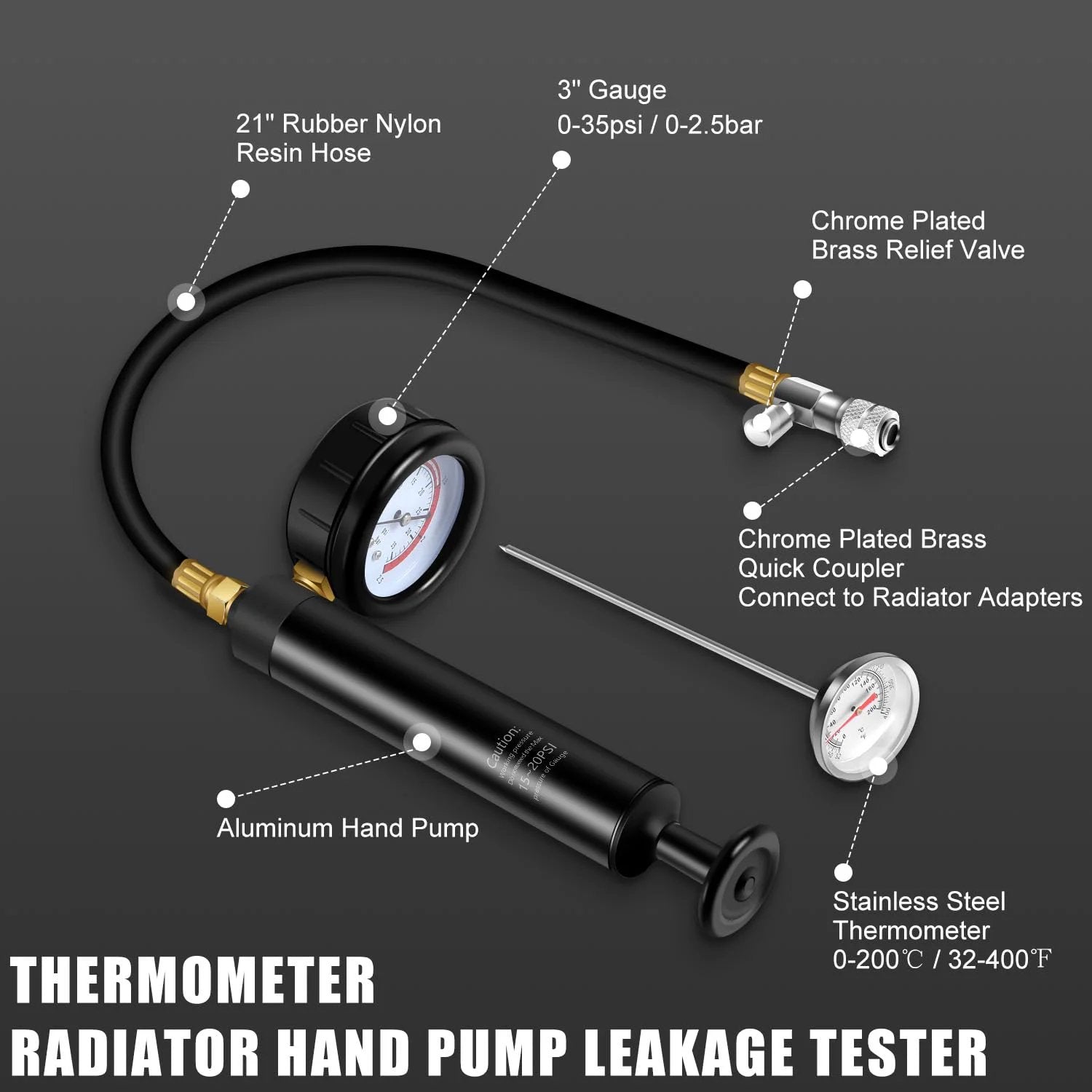 Radiator Pressure Tester And Vacuum Refill Kit For Cooling System, 28 Piece Automotive Leak Test with hose, gauge, and thermometer.