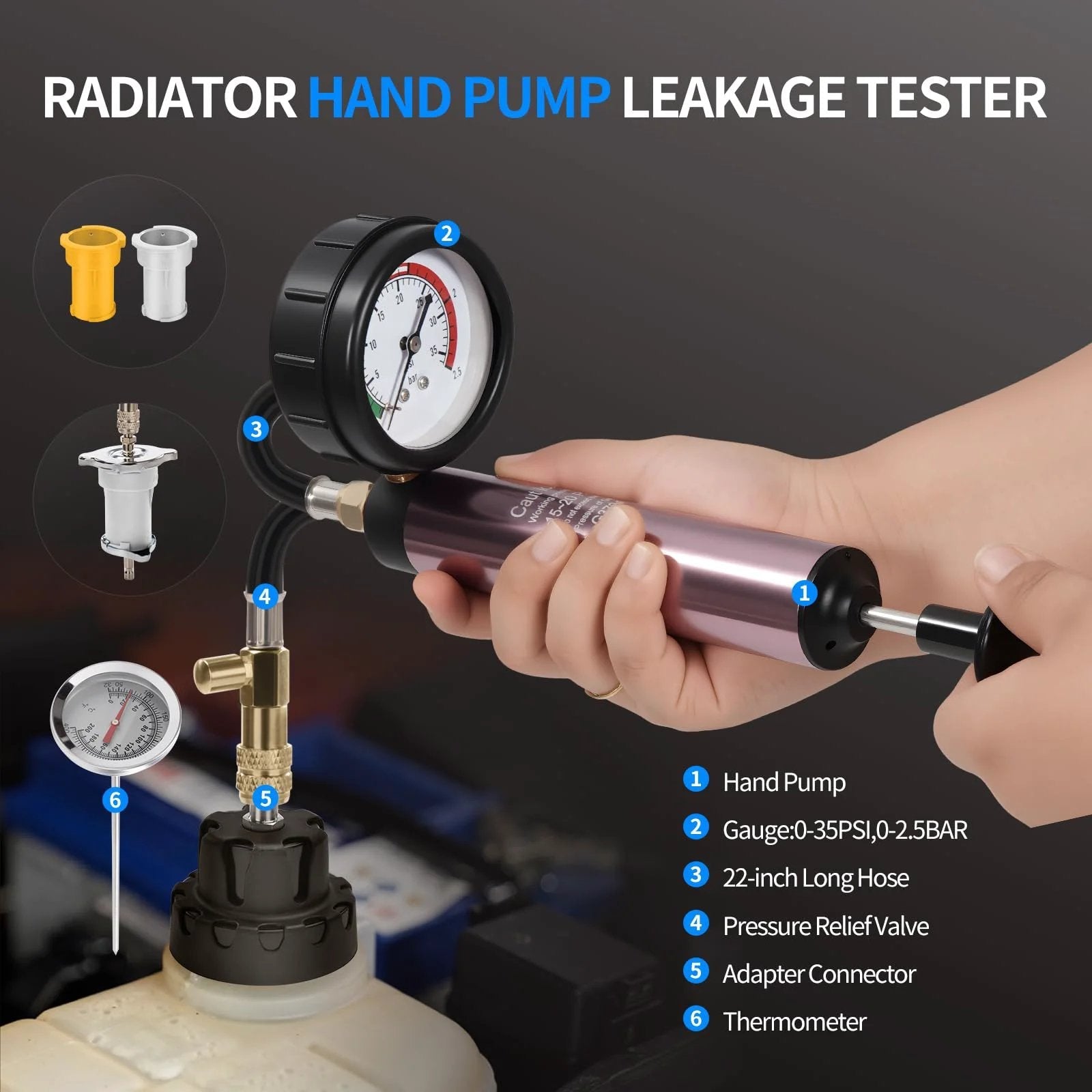 Pro Grade 25 Piece Coolant Pressure Tester And Vacuum Refill Kit For Automotive Cooling Systems, includes hand pump and gauge.
