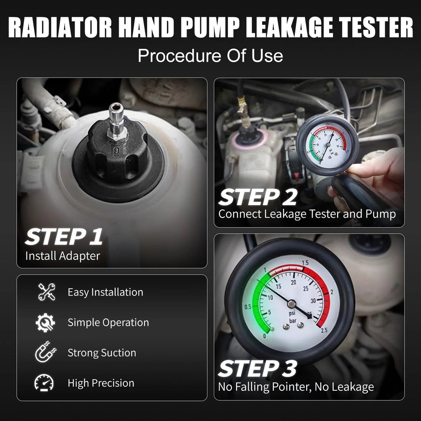 Radiator Pressure Tester And Vacuum Refill Kit For Cooling System, 28 Piece Automotive Leak Test And Pneumatic Purge Fill Set With Testing Adapters And Caps, Garage Ready Universal Fit For Cars Trucks SUVs By JIFETOR, procedure of use steps.