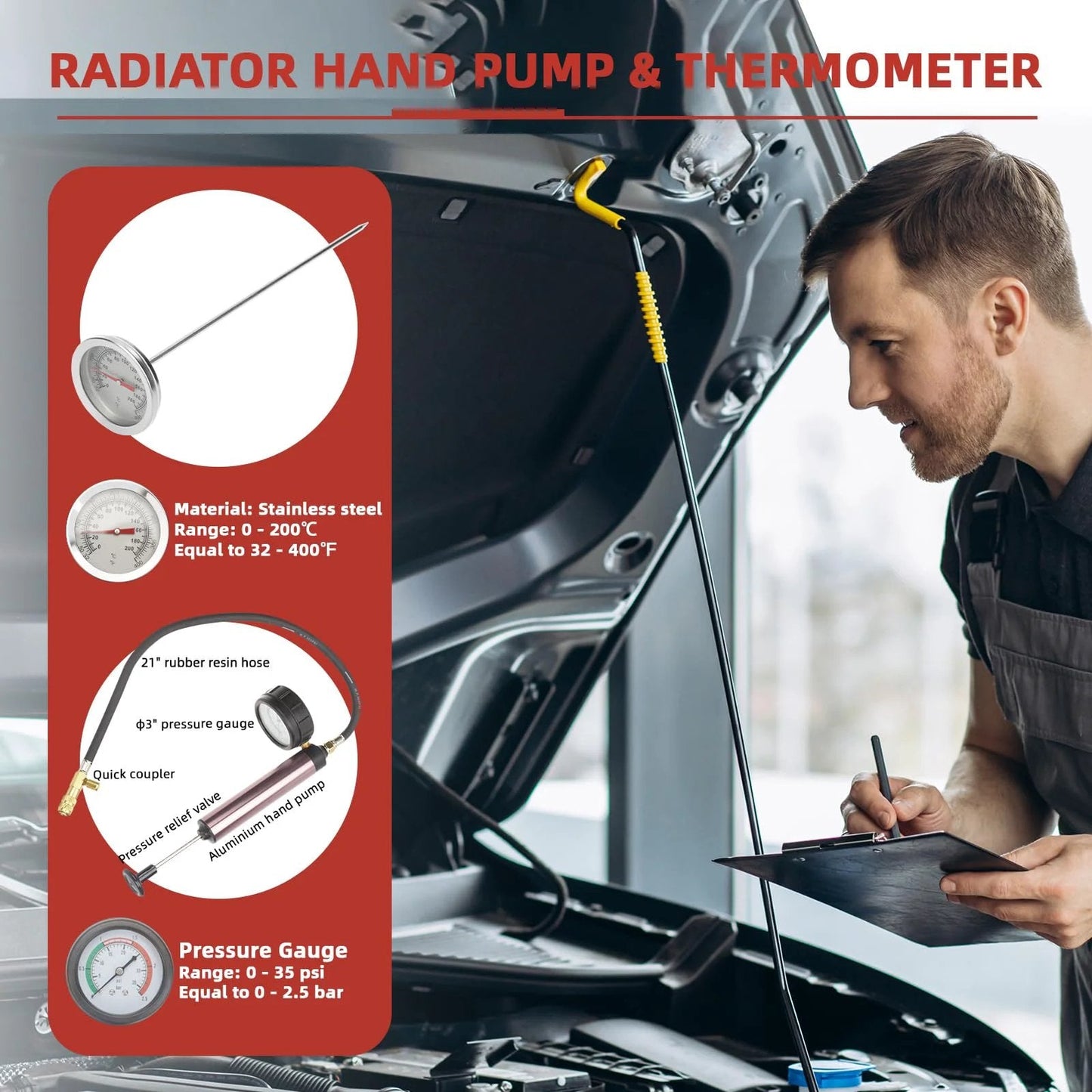 Image of Radiator Hand Pump with thermometer, stainless steel, gauge range 0-35 psi, 21" hose, used for automotive cooling systems.