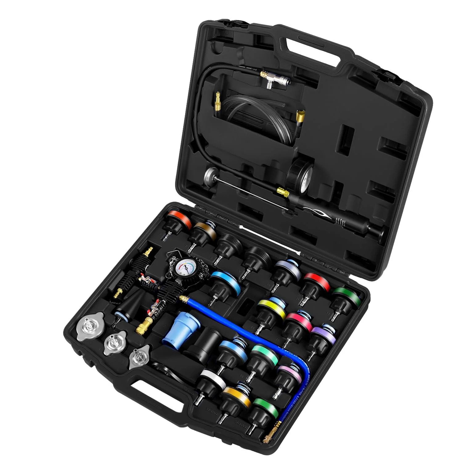 Radiator Pressure Tester And Vacuum Refill Kit For Cooling System, 28 Piece Automotive Leak Test kit in a black case with colorful adapters.
