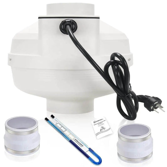 4 Inch Radon Mitigation Fan Installation Kit MIDCVFRUN with Inline Centrifugal Radon Fan, rubber couplers, and air pressure indicator