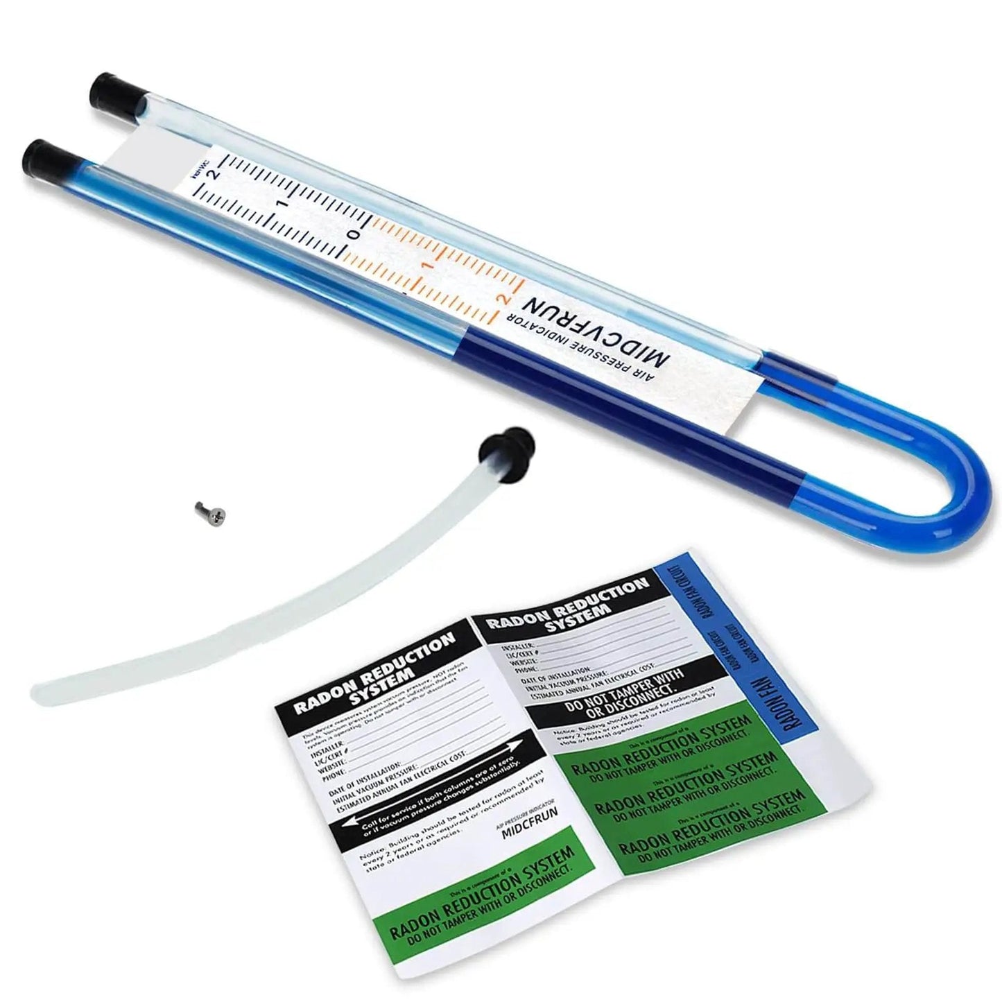 Air pressure indicator for 4 Inch Radon Mitigation Fan Installation Kit MIDCVFRUN with Radon Reduction System labels shown.