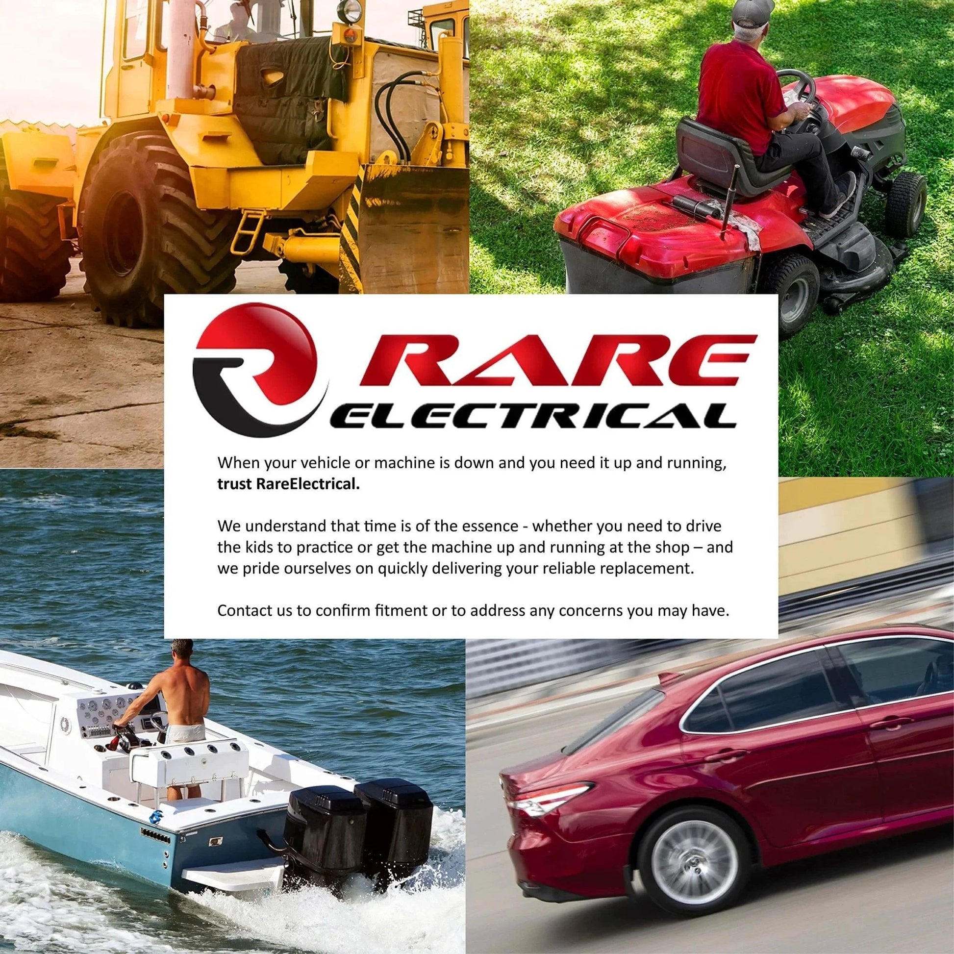 Collage of machinery and vehicles with Rare Electrical logo, including a tractor, riding mower, boat, and car