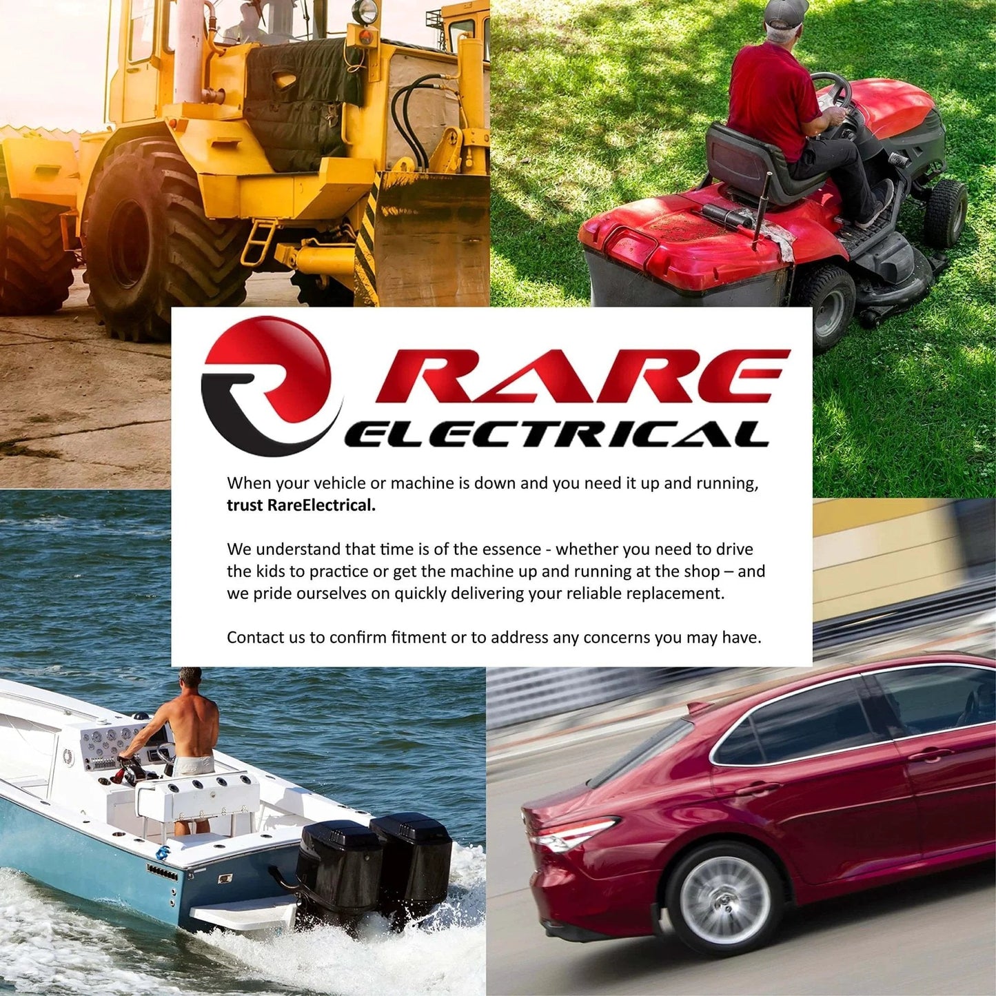 Rare Electrical logo with various machinery: lawn tractor, construction equipment, boat, and car in different environments.