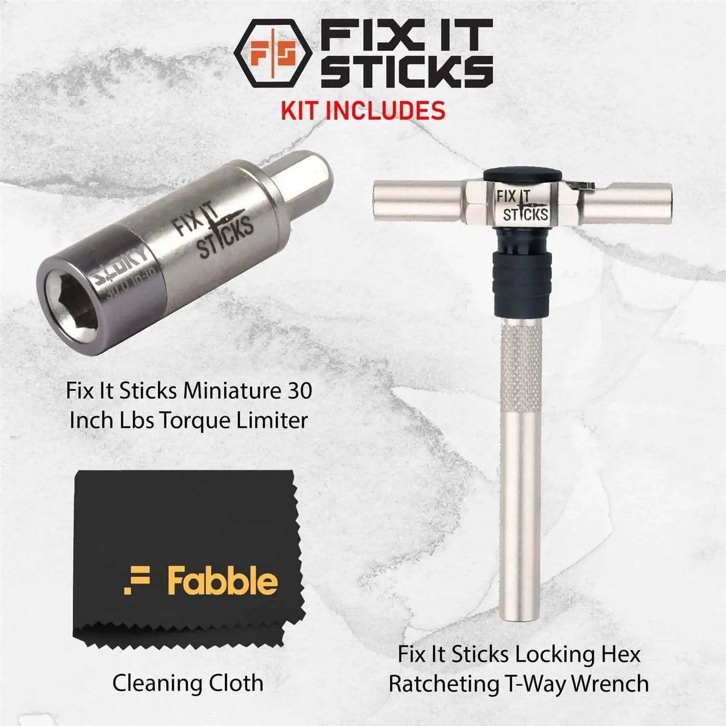 Set of 2 tools Bundle - Ratcheting T-Way Wrench & Torque Limiter 30 Inch-lb with microfiber cloth.