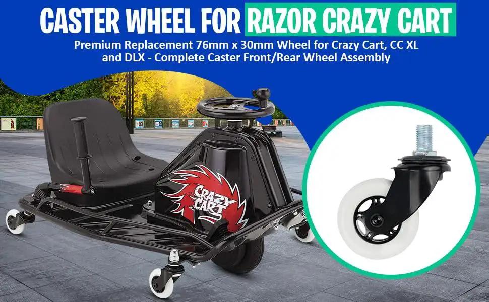 Premium Replacement Caster Wheel 76mm By 30mm For Razor Crazy Cart CC XL And DLX Complete Front And Rear Wheel Assembly Heavy Duty