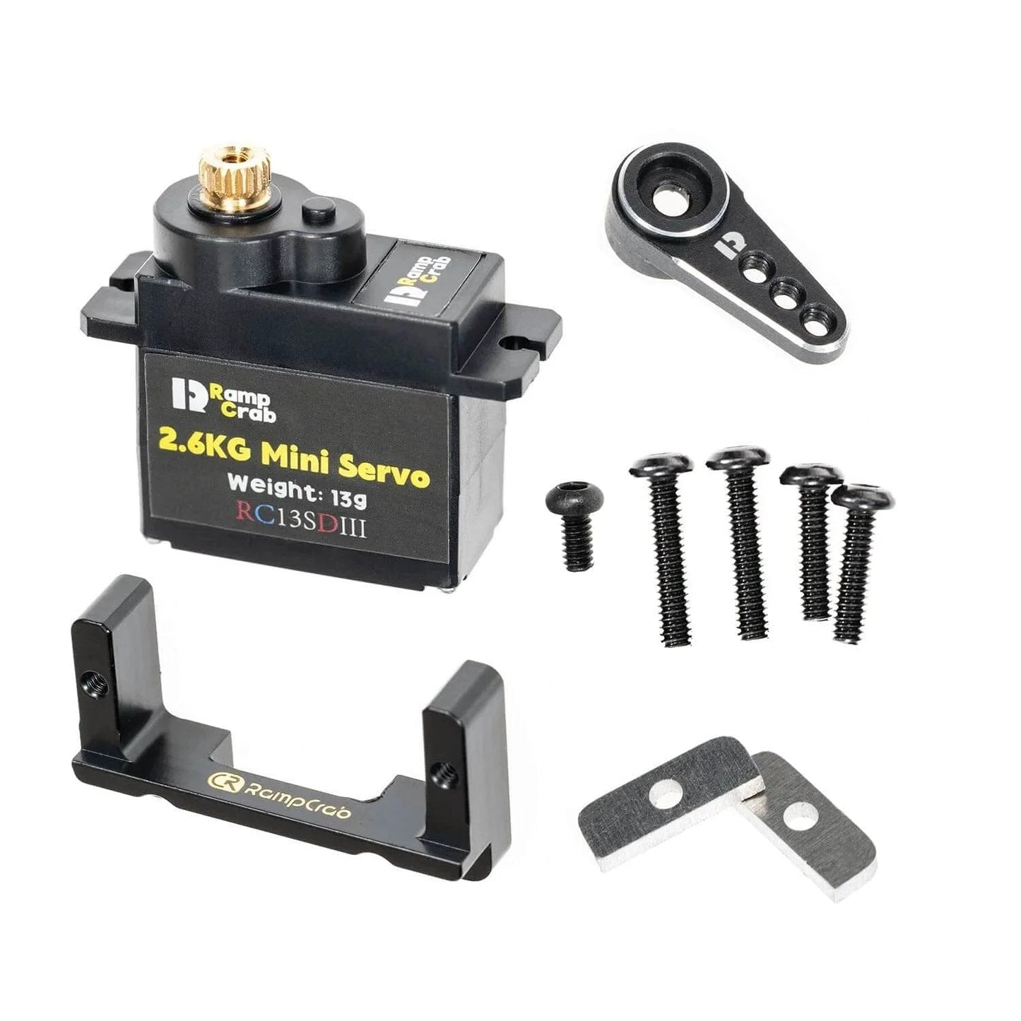 RC Steering Servo with Mount Bracket and Servo Horn for FMS FCX24, shown with screws and aluminum mount bracket.
