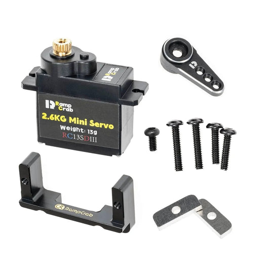 RC Steering Servo with Mount Bracket and Servo Horn for FMS FCX24, shown with screws and aluminum mount bracket.