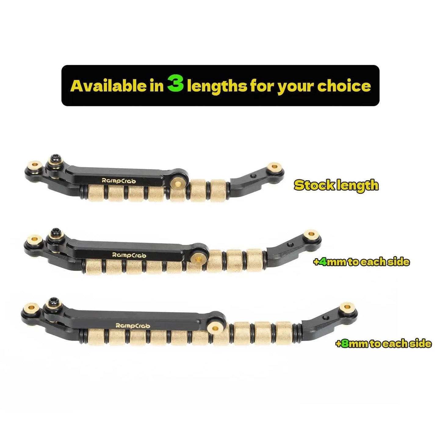 Copper Sleeve Bearing Steering Link Kit For SCX24 And AX24 shown in three lengths with 4mm axles for increased weight and steering angle.