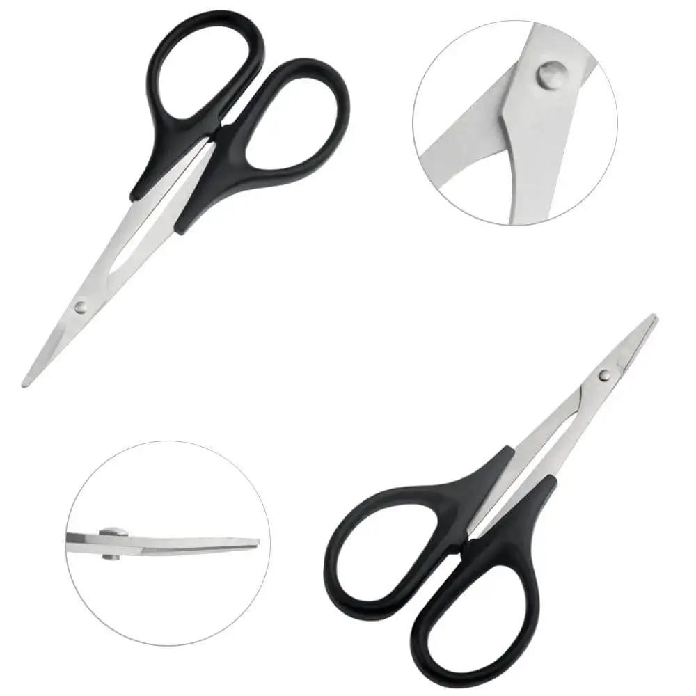 3 Pack RC Body Reamer Hole Puncher Kit With Curved And Straight Scissors For RC Car Body Mounting And Wide Body Kits 0-14mm Hole Punching And Trimming With Heavy-Duty Titanium Plated Steel Reamers And Non Slip Grip Handles Round Shell Blue XINMEIWEN showing detailed view of scissors angles with black handles