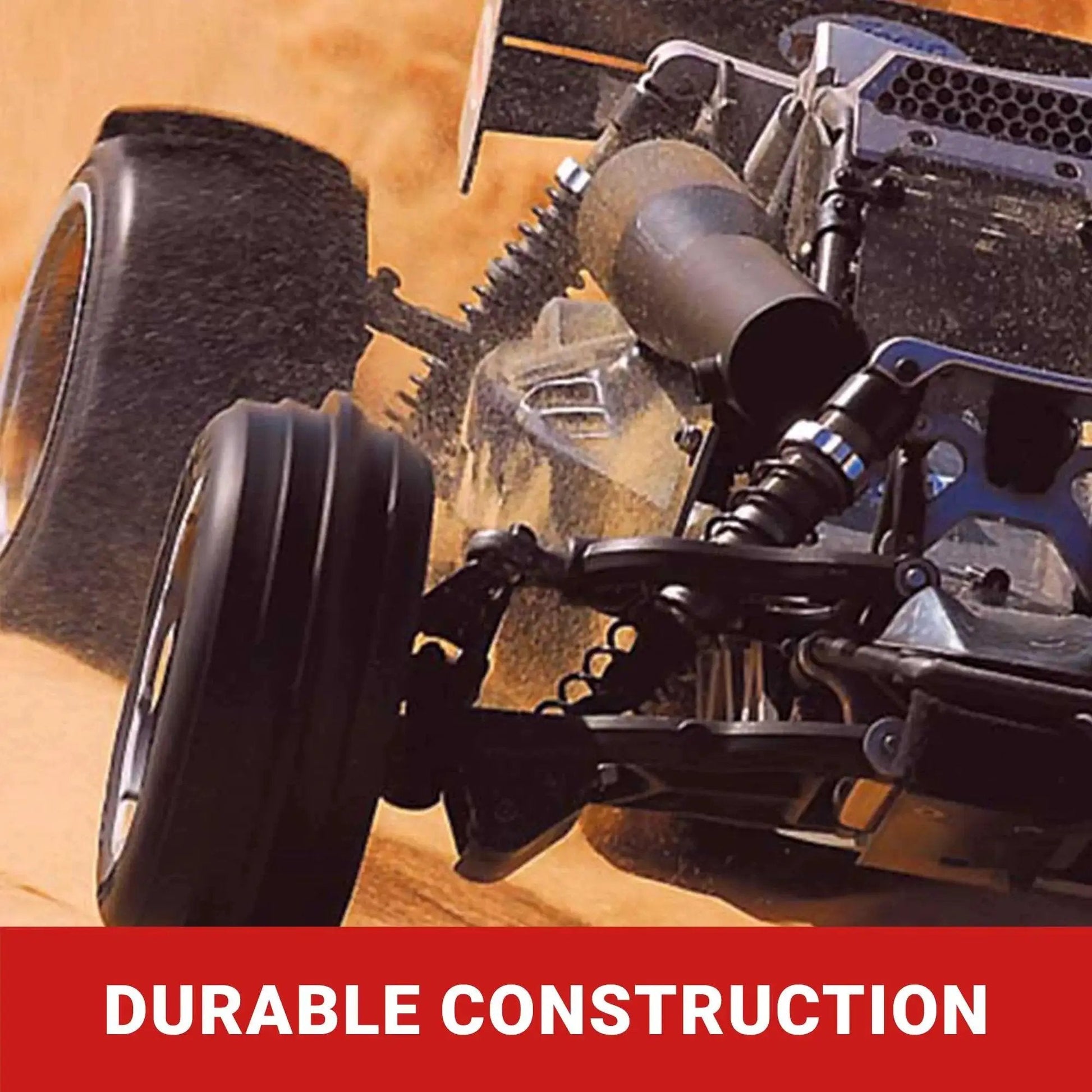 Close-up of an RC vehicle in motion showcasing durable construction and suspension system on tough terrain.