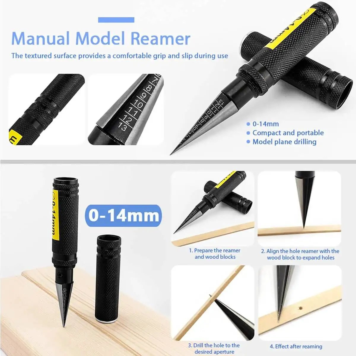 RC Car Hole Opener Reamer Kit 2 Pack 0 to 14mm Expanding Drill Tool With Bevel Design, displayed with caps and scale.