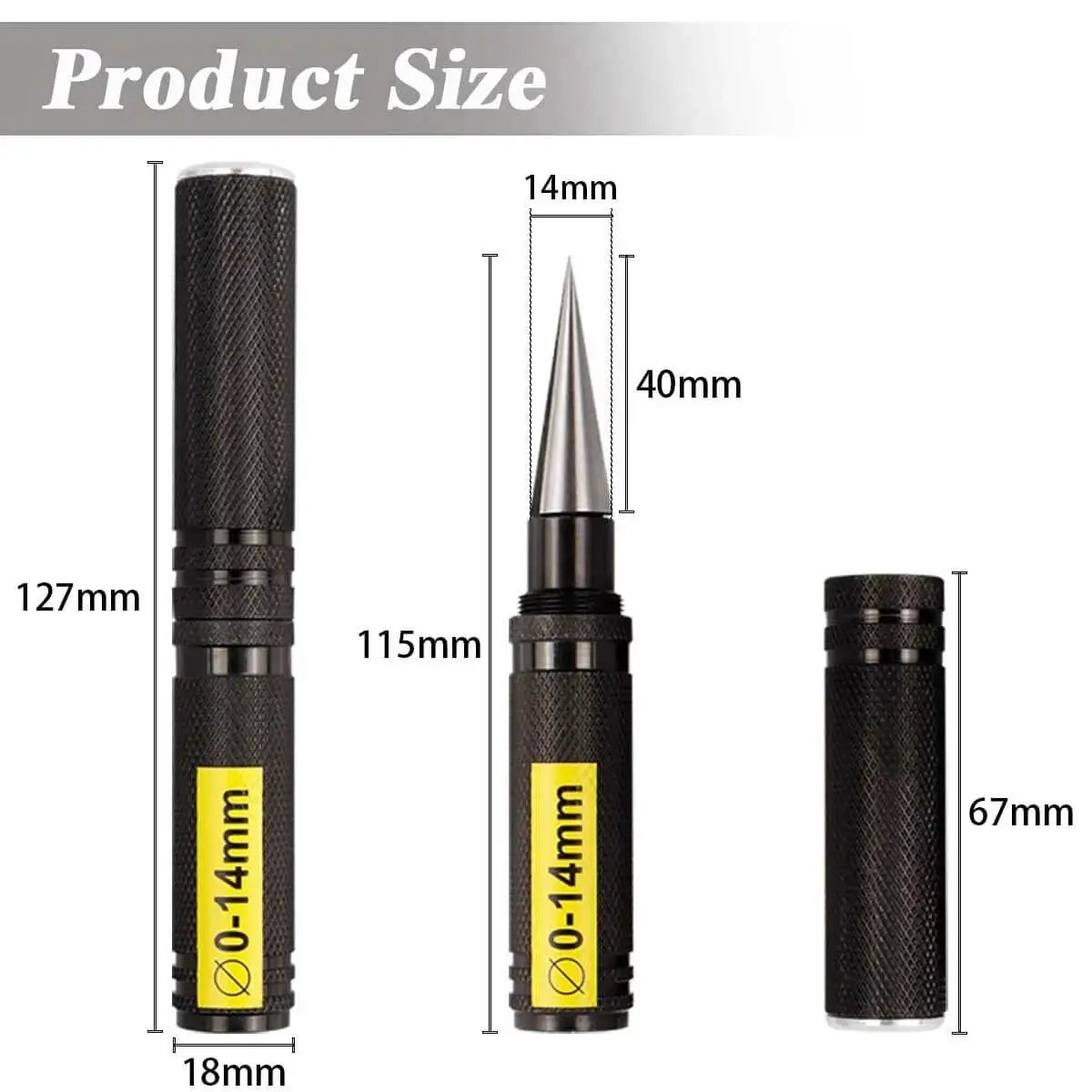 0 To 14mm RC Body Reamer Tool With Precision Scale Eyech 2 Pack Pro Grade Built Tough High Strength Aluminum Expanding Hole Puncher For RC Car Shells Plastic Sheets Aircraft Models And DIY Projects Black, showing dimensions and parts