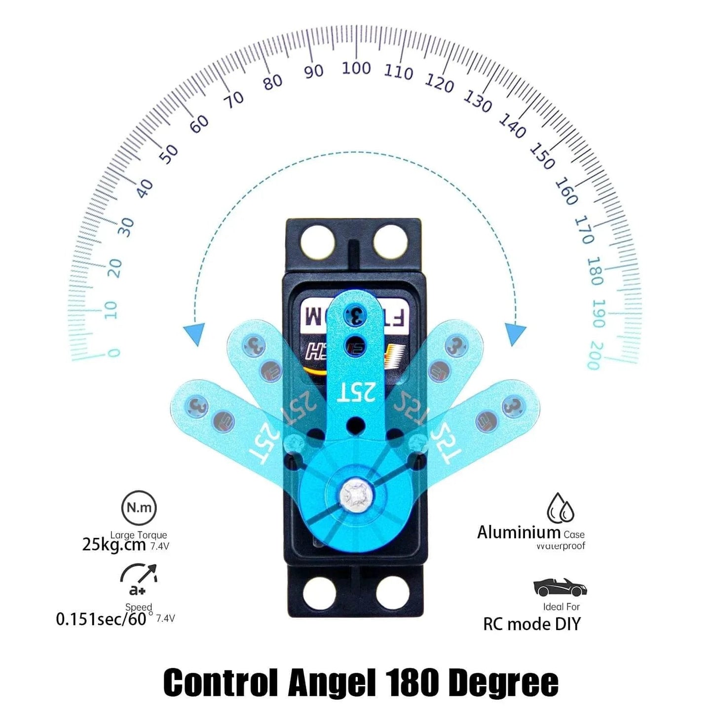 RC Servo 25KG Servo Motor 7.4V High Voltage High Torque Waterproof Full Metal Gear Digital Servo, Aluminum Case, Control Angle 180°