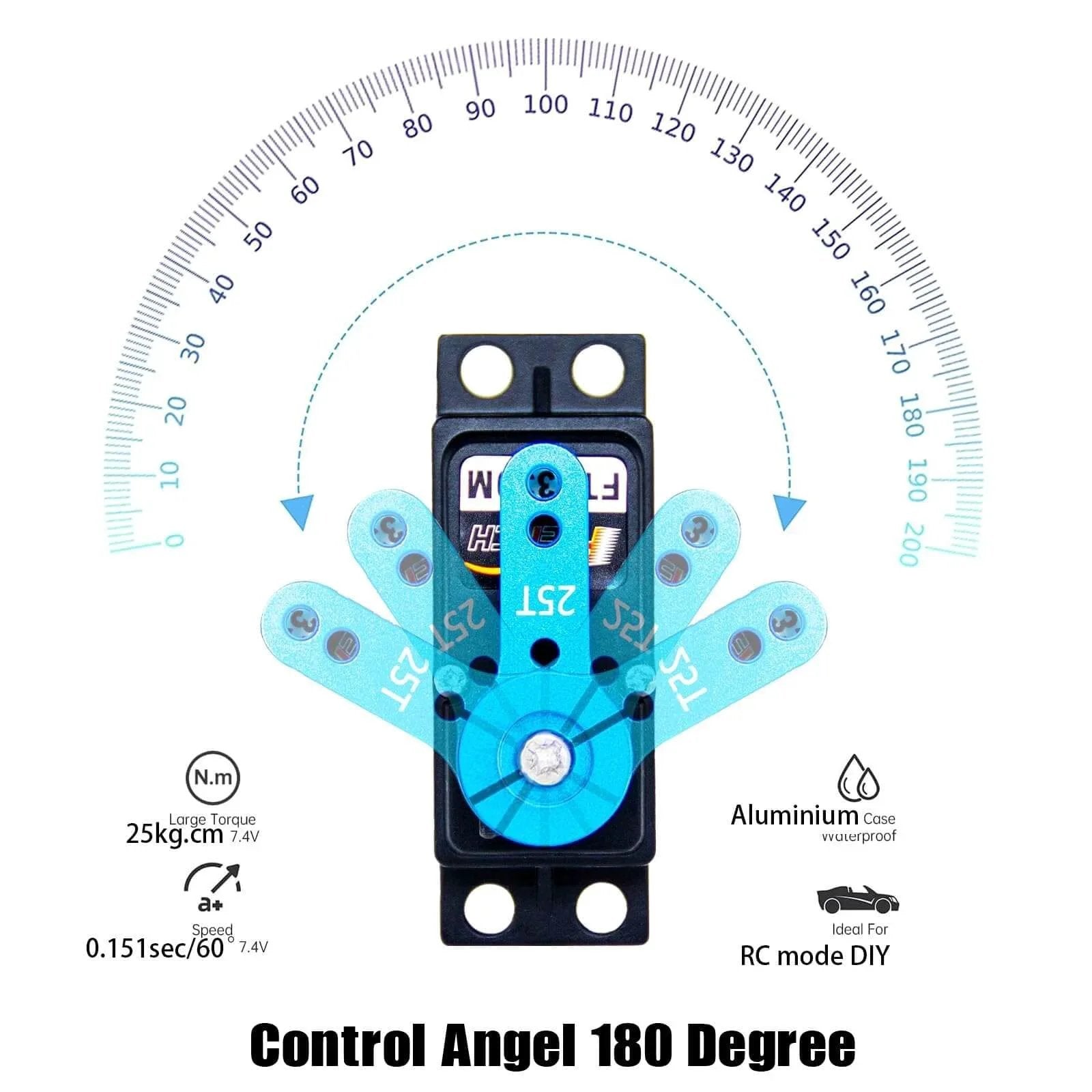 RC Servo 25KG Servo Motor 7.4V High Voltage High Torque Waterproof Full Metal Gear Digital Servo, Aluminum Case, Control Angle 180°