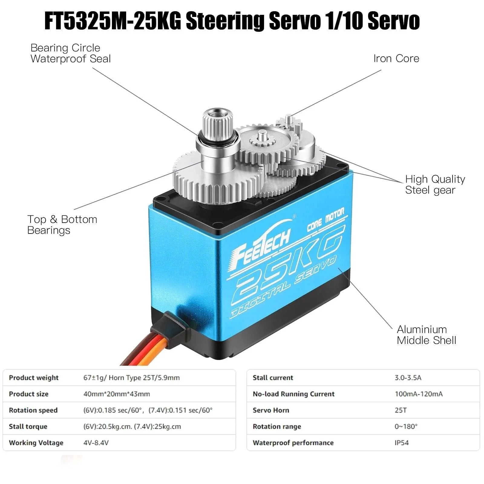 RC Servo 25KG Servo Motor 7.4V High Voltage High Torque Waterproof Full Metal Gear Digital Servo in aluminum case with bearings