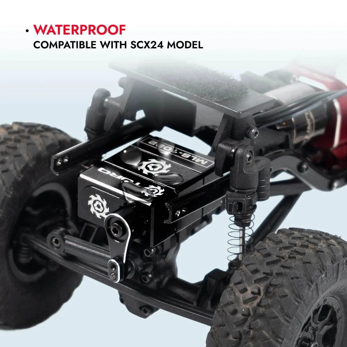 High Torque Micro Servo 5.0V - 8.4V with CNC Servo Mounts & Arms installed on RC Crawler Axial SCX24, shown in black.