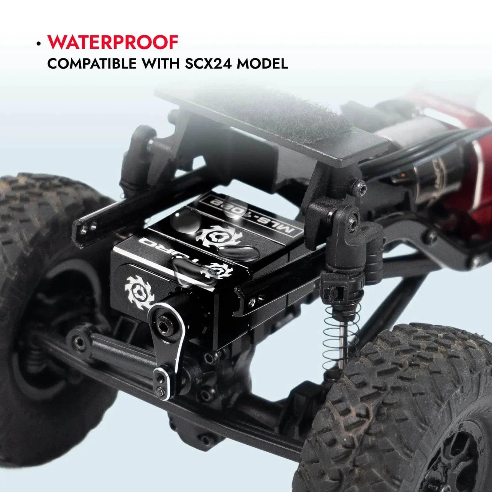 High Torque Micro Servo 5.0V - 8.4V with CNC Servo Mounts & Arms installed on RC Crawler Axial SCX24, shown in black.
