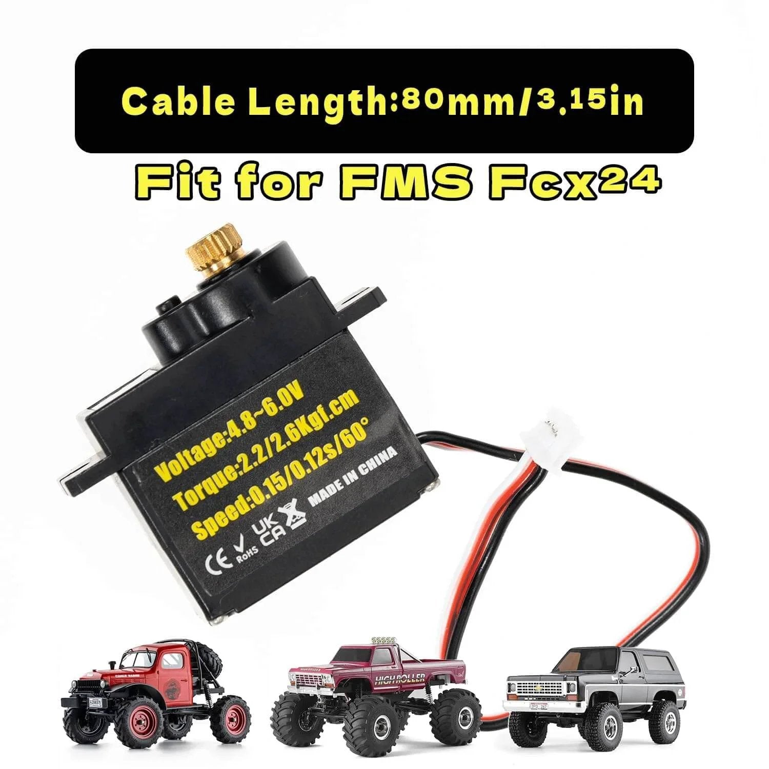 RC Steering Servo with Mount Bracket and Servo Horn for FMS FCX24, black, shown with cable and specifications, for RC Crawler 1/24 Scale.