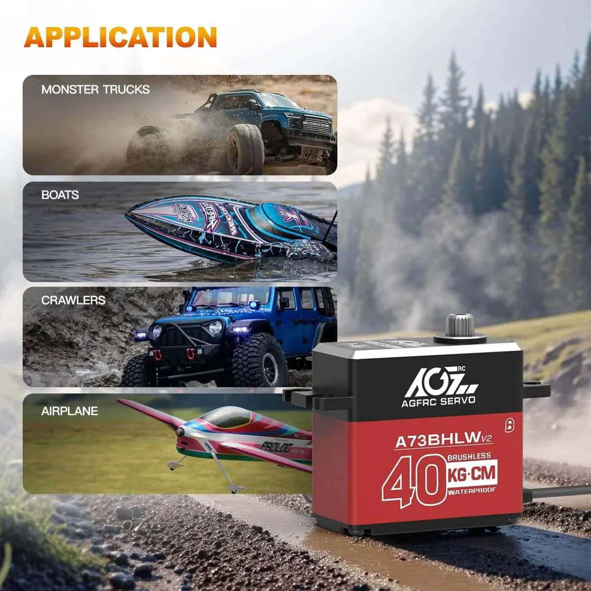40KG Waterproof RC-Steering-Servo High-Torque - Full Metal Gear Brushless Digital Servo for 1/10 RC Car, Control Angle 180° (A73BHLW V2) next to images of RC monster truck, boat, crawler and airplane applications in nature.