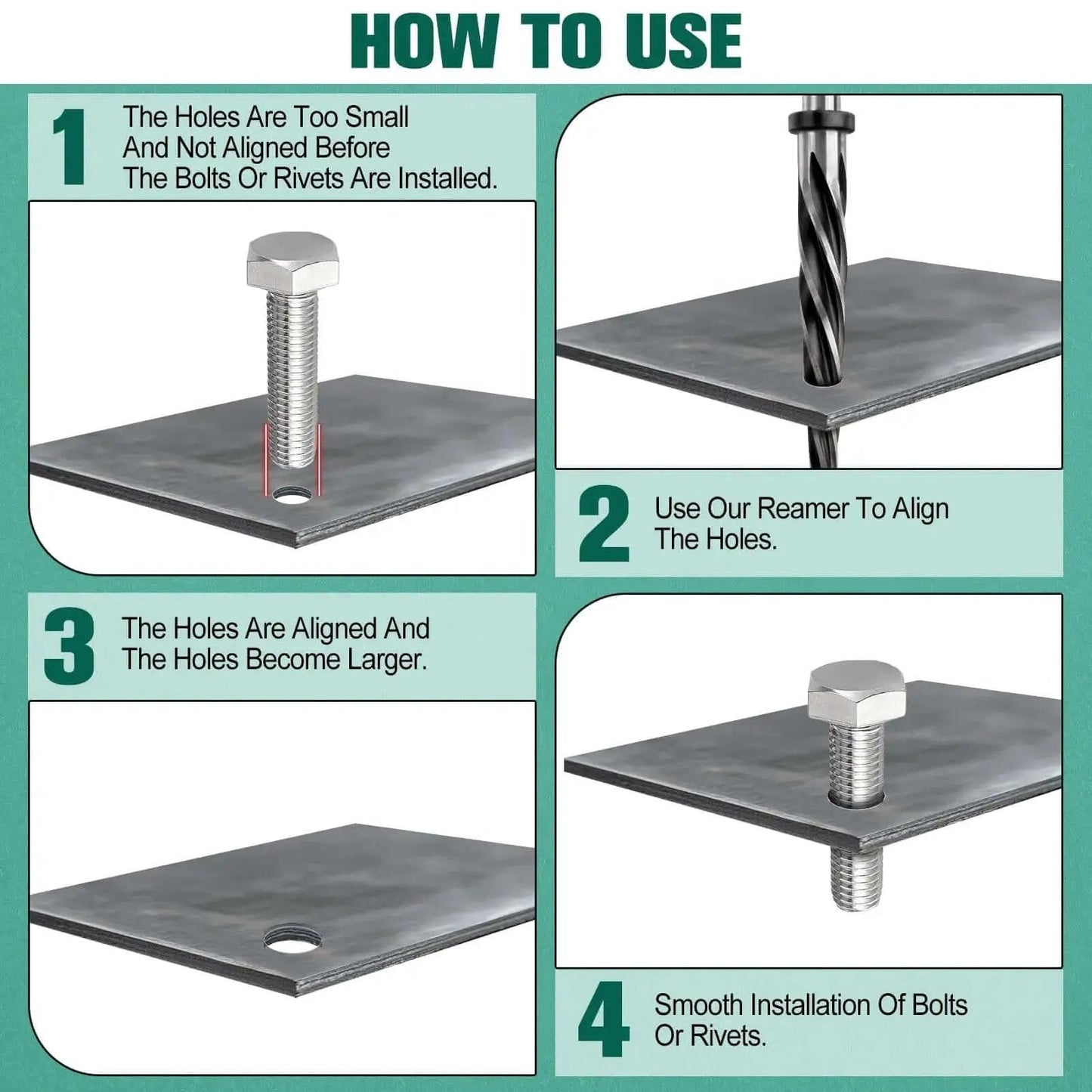 Instructional guide showing how to use Five Eighths Inch Bridge Construction Reamer Drill Bit Set With Taper Chuck Reamers on metal.