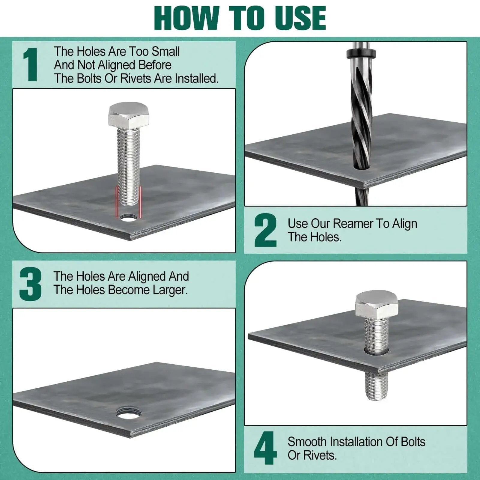Instructional guide showing how to use Five Eighths Inch Bridge Construction Reamer Drill Bit Set With Taper Chuck Reamers on metal.