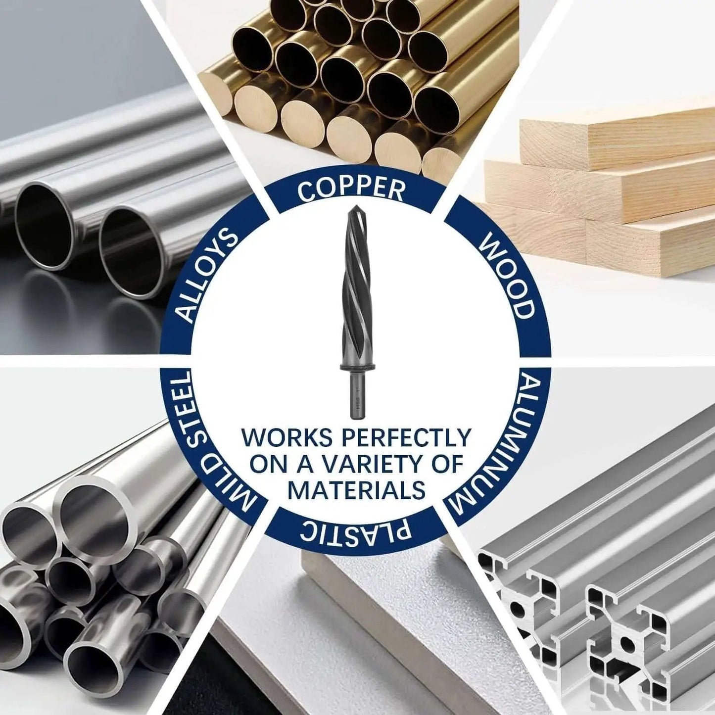 5 Piece M2 HSS Taper Chucking Reamer Set With Sizes One Inch Three Quarter Inch Five Eighth Inch Half Inch Three Eighth Inch And Shank Type Half Inch Three Flat Round For Bridge Construction Reaming Drill Bits For Steel Metal Wood Alloy Durable Heavy Duty shown with applicable materials like steel, copper, wood, and plastics.