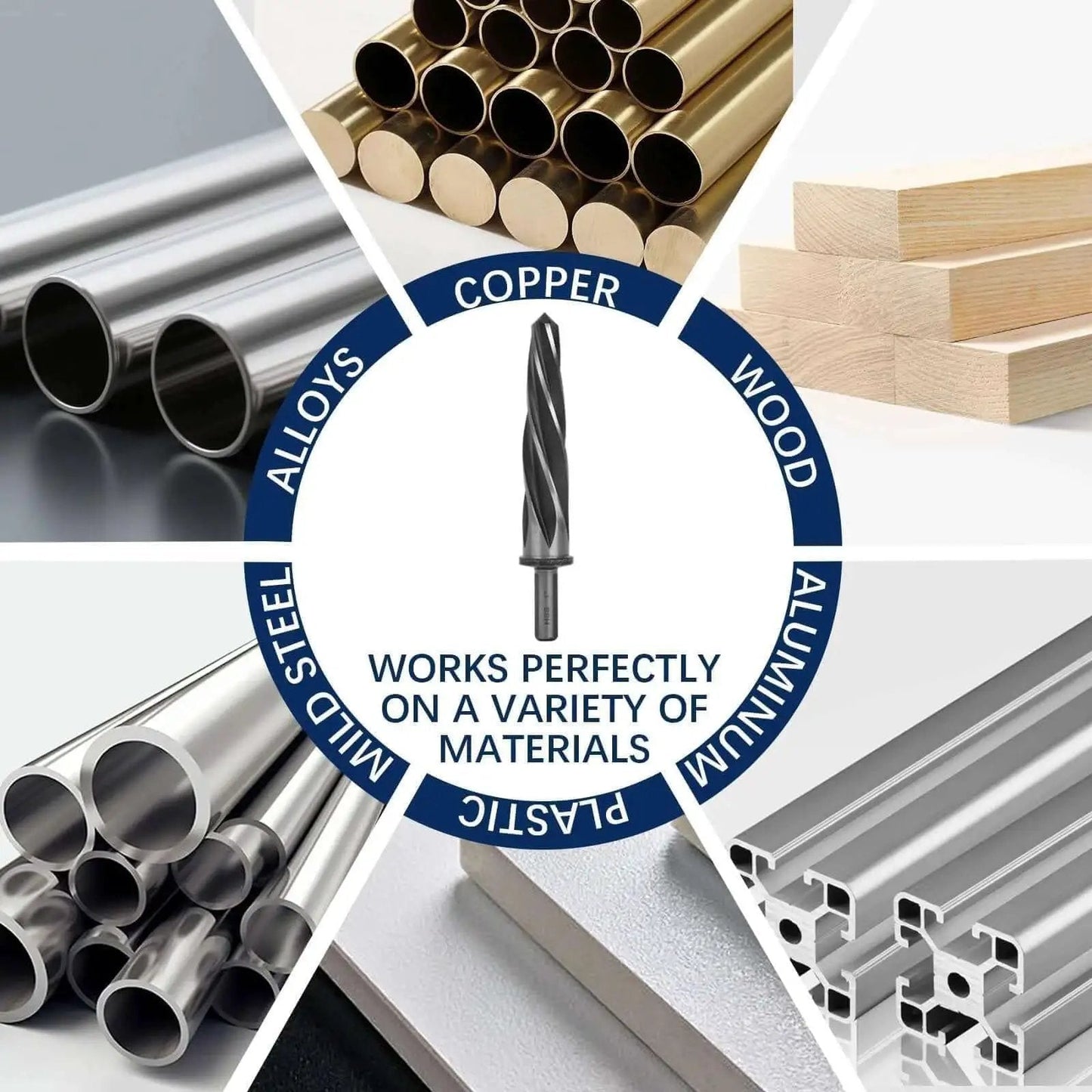 Five Piece M2 HSS Taper Chucking Reamer Set With 1, 3/4, 5/8, 1/2, And 3/8 Inch Sizes Fits 1/2 Inch 3-Flat Round Shank shown with material types