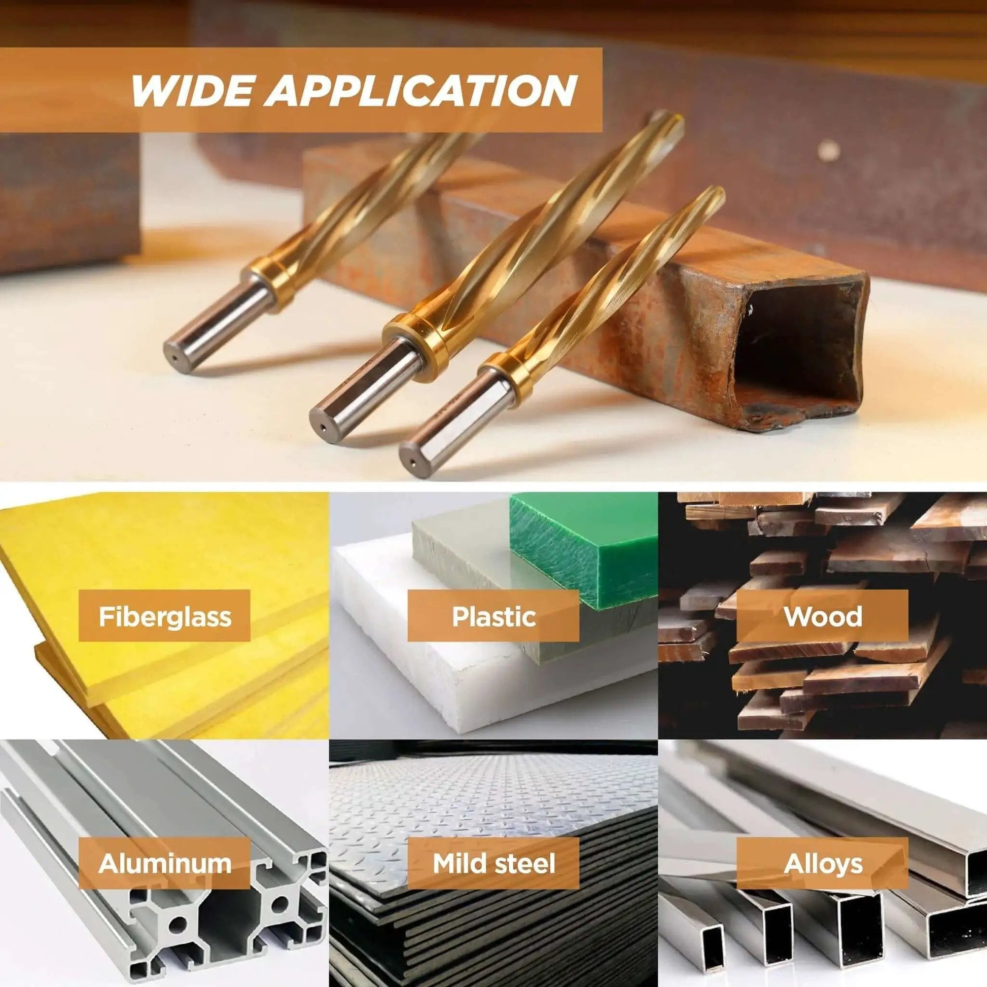 Four Piece Bridge And Construction Reamer Set With M2 HSS Taper Chucking Reamers For Steel Aluminum Wood And Plastic To Enlarge And Align Holes With Three Eighths Inch Or One Half Inch Shanks shown with various materials.