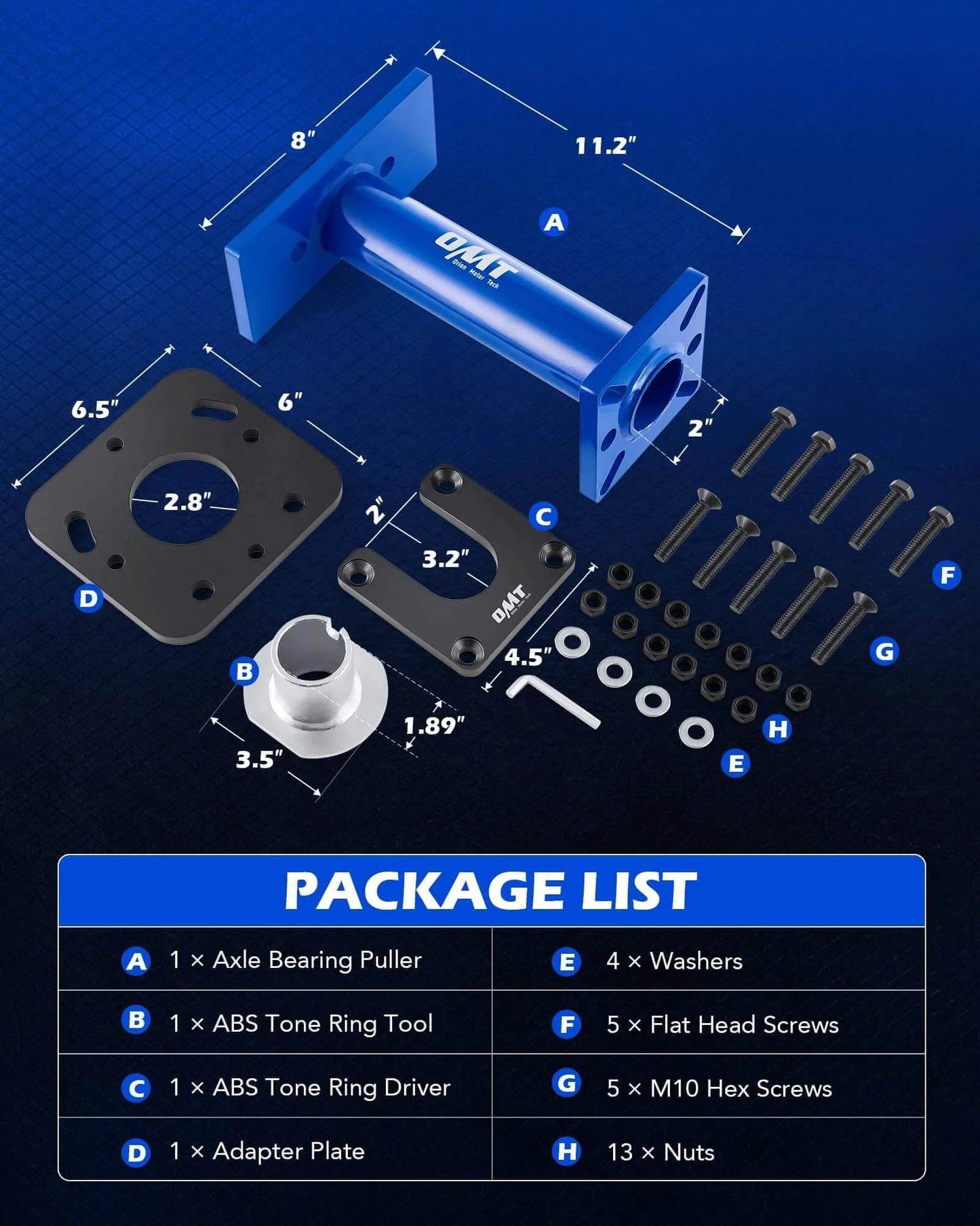 Rear Axle Bearing Puller and Installer toolset components with measurements for 1995-1998 T100 1995-2004 Tacoma 1995-2020 4Runner 2000-2006 Tundra 2004-2012 Hilux.