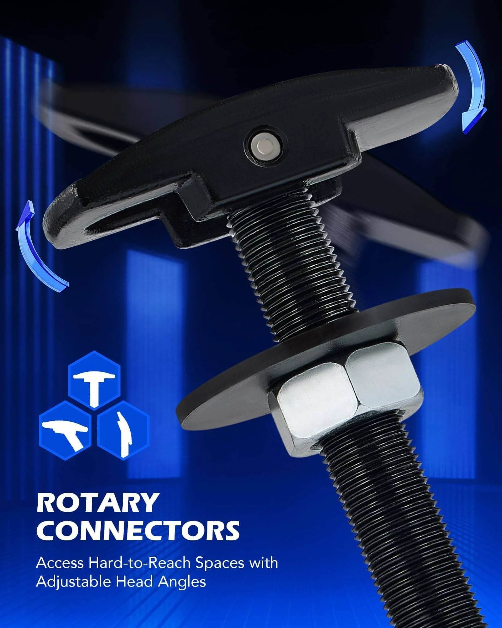 Close-up of rotary connectors on Rear Axle Bearing Puller Tool Set with adjustable head angles for hard-to-reach spaces.