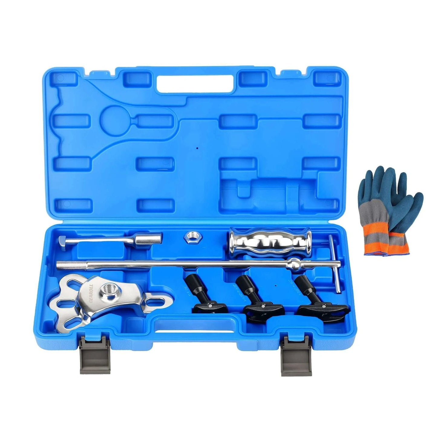 Rear Axle Bearing Remove Puller Tool Kit with Slide Hammer and Bearing Remover Set in blue case, includes adapters and gloves.