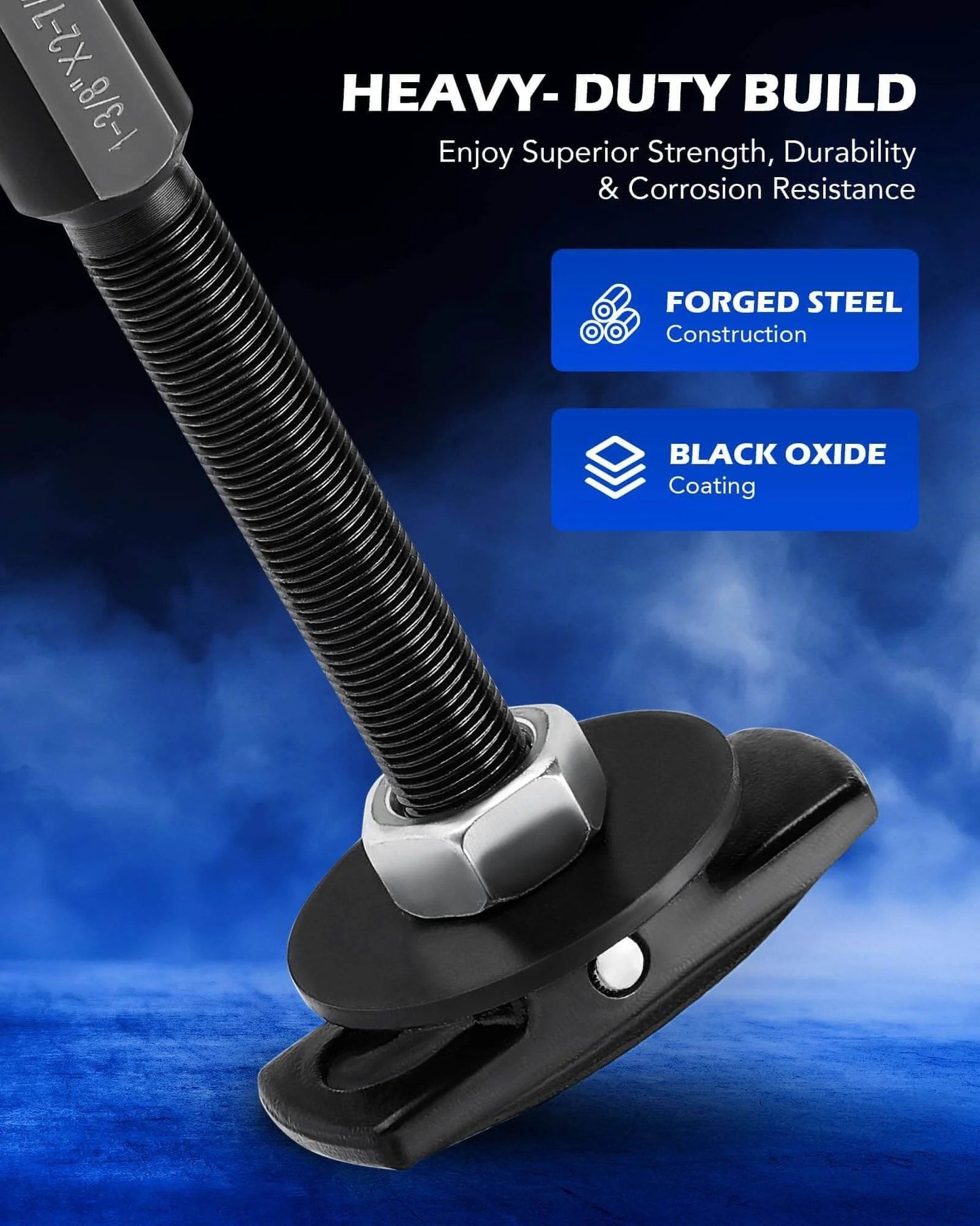 Close-up of Rear Axle Bearing Puller Tool Set forged steel construction with black oxide coating, showing durability and strength.