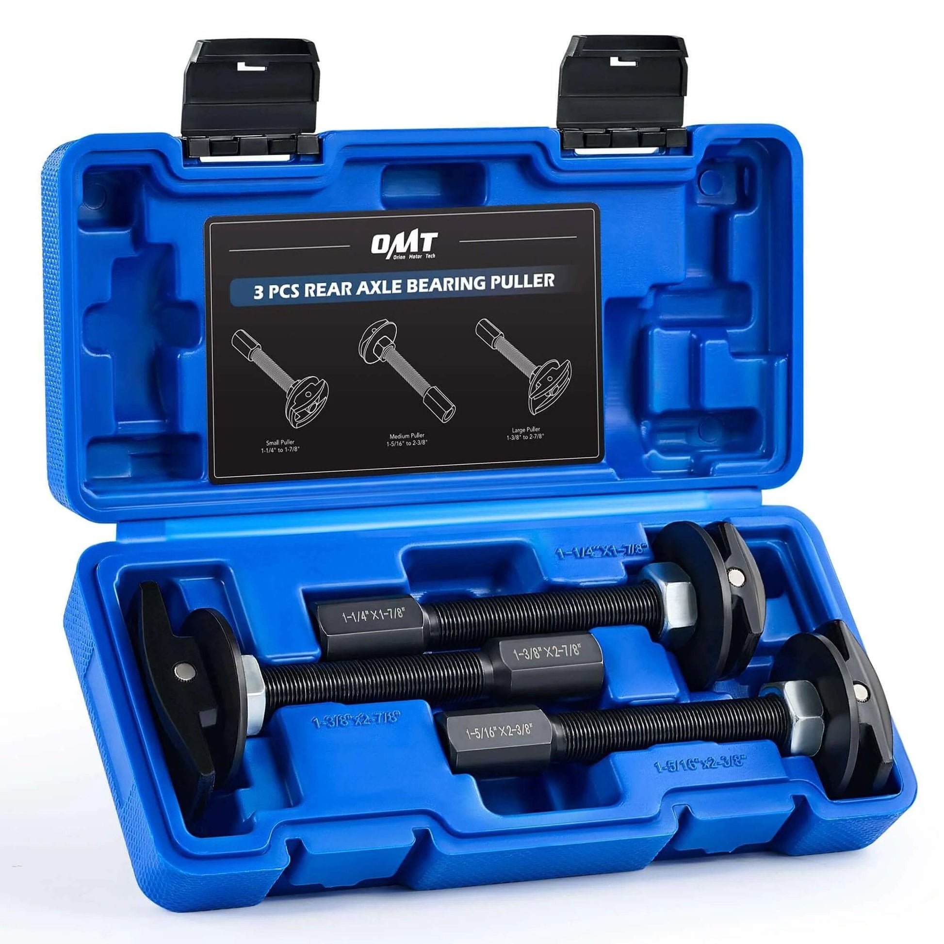 Rear Axle Bearing Puller Tool Set in blue case, includes 3 sizes: 1-1/4 to 1-7/8, 1-5/16 to 2-3/8, 1-3/8 to 2-7/8.