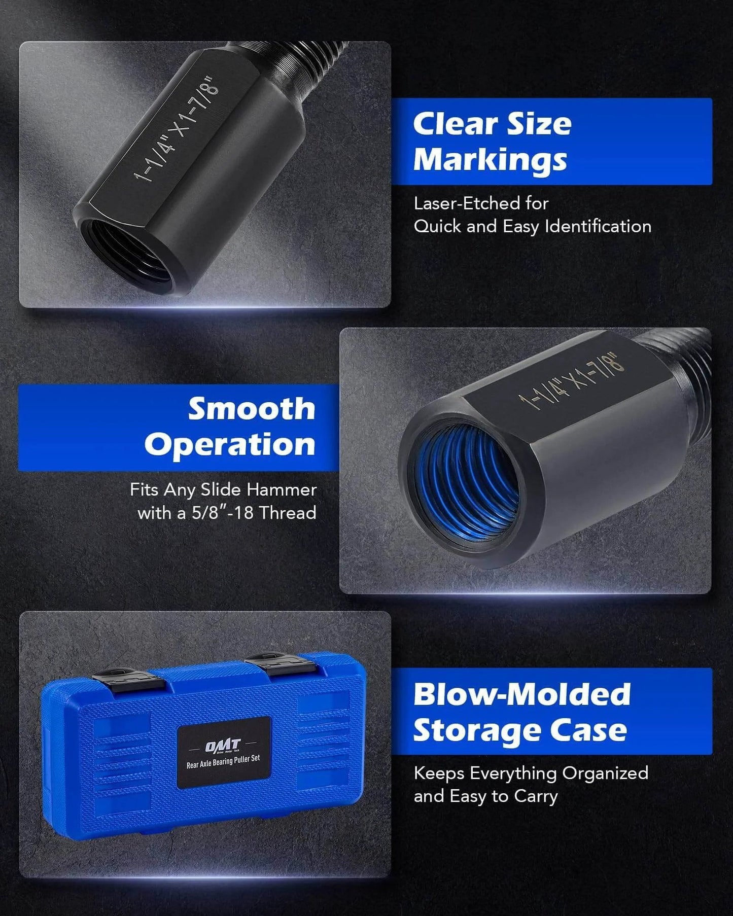 Rear Axle Bearing Puller Tool Set with clear size markings, smooth operation fit, and blow-molded storage case.