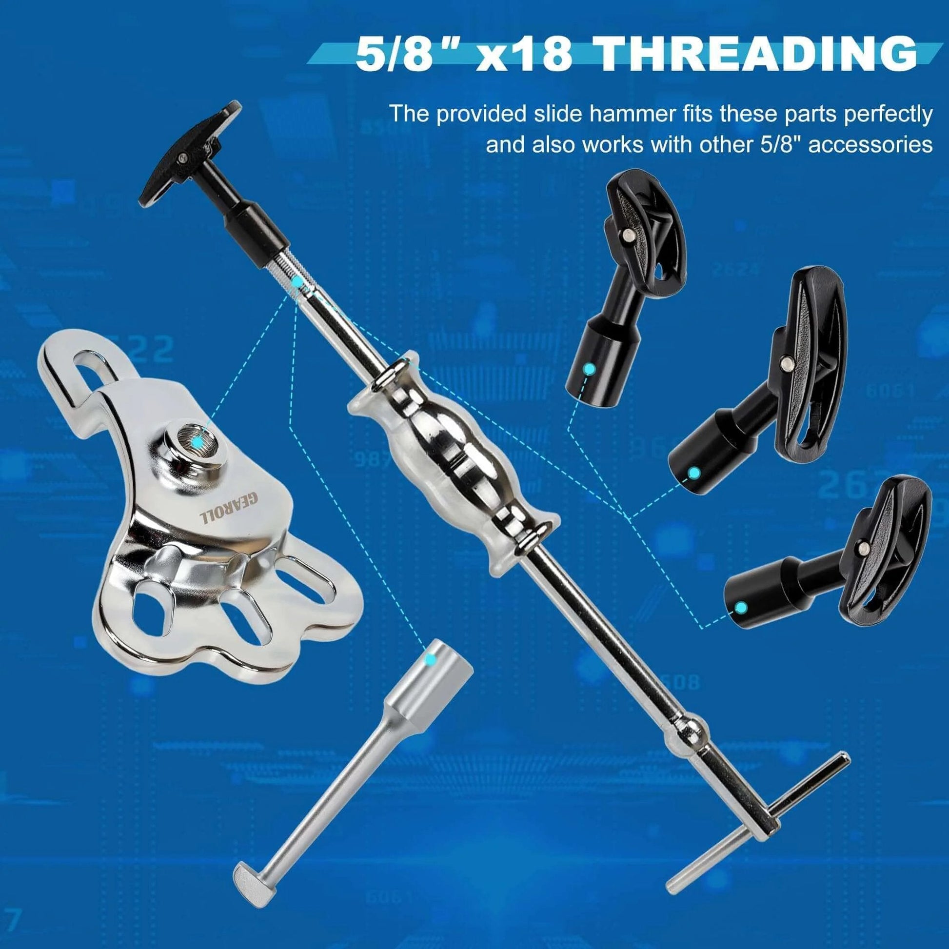 Rear Axle Bearing Remove Puller Tool Kit, Slide Hammer and Bearing Remover Set displayed with slide hammer yoke and adapters