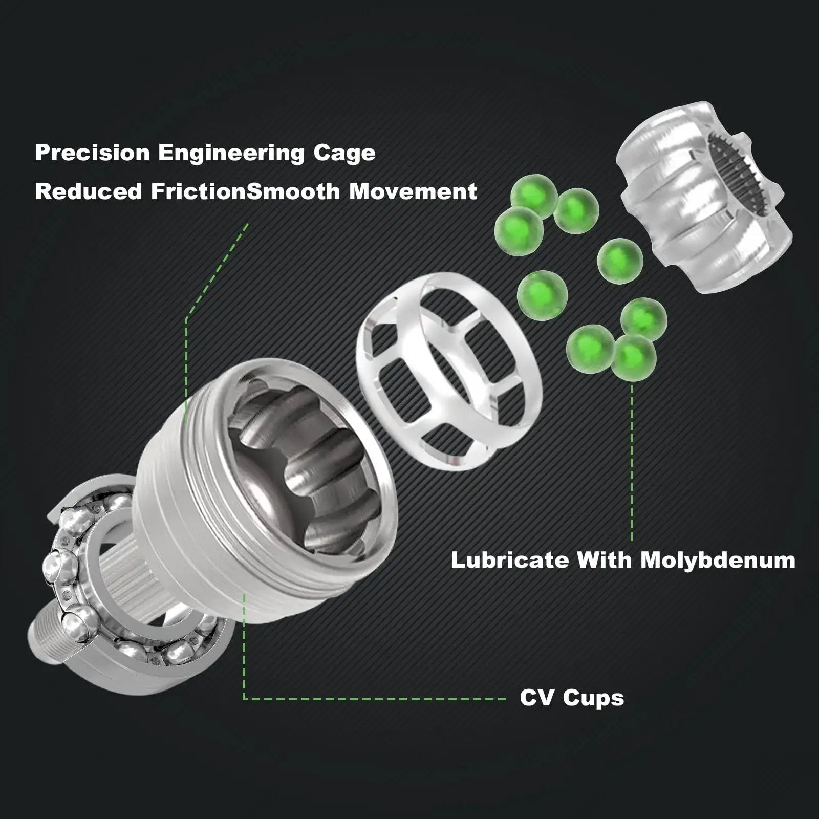 Exploded view of rear CV axle assembly from Two Pair Rear CV Axle Bearing Assembly Kit For Polaris General 1000 And RZR Series.