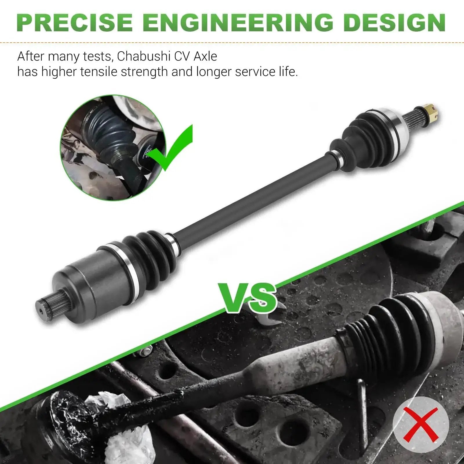 Two Pair Rear CV Axle Bearing Assembly Kit For Polaris General 1000 And RZR Series shown with close-up of strong new axle vs old