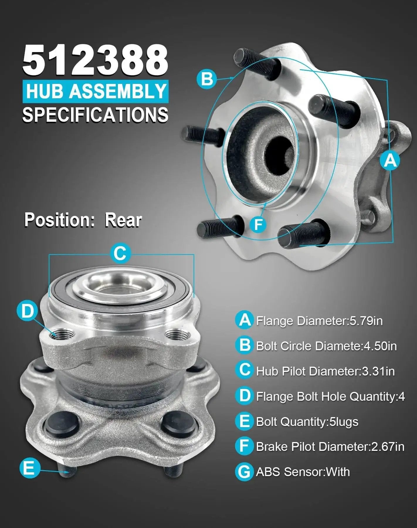 2 Pcs 512388 Rear Wheel Bearing Hub Assembly Compatible With Nissan Altima 2007-2018, showing front view and specifications