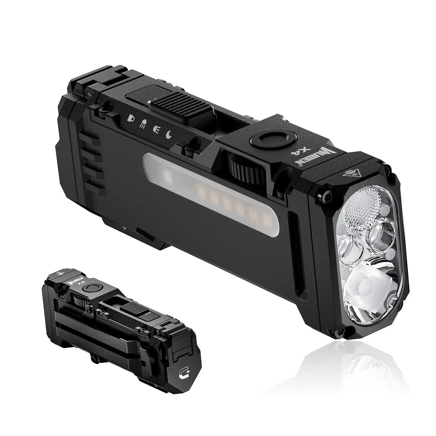Rechargeable EDC flashlight delivering up to 1500 lumens with a warm RGB side light, USB C recharge, and a magnetic pocket clip