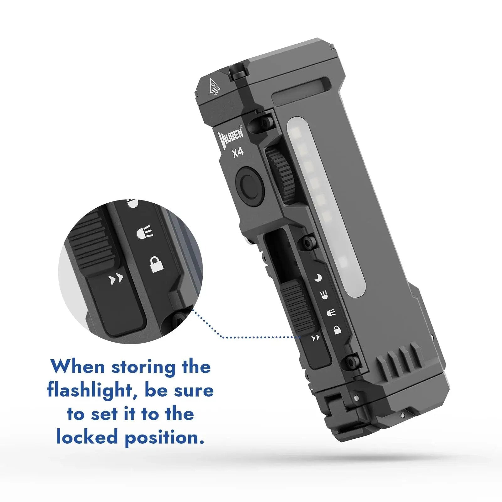 Rechargeable EDC flashlight delivering up to 1500 lumens with a warm RGB side light, USB C recharge, magnetic pocket clip