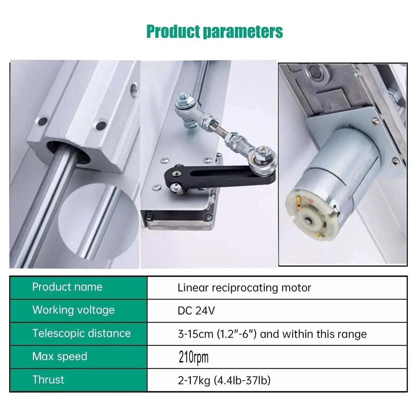 Reciprocating Linear Actuator With Adjustable Telescopic Rocker Arm Heavy Duty Gear Motor DC 24V Speed Controller, product specs view