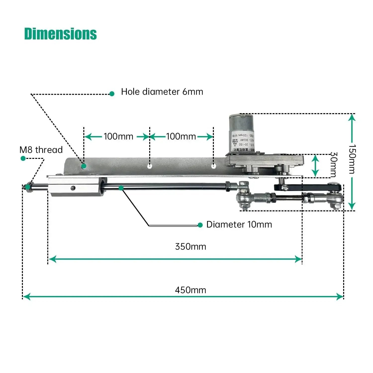 Diagram showing dimensions of Reciprocating Linear Actuator With Adjustable Telescopic Rocker Arm Heavy Duty Gear Motor DC 24V