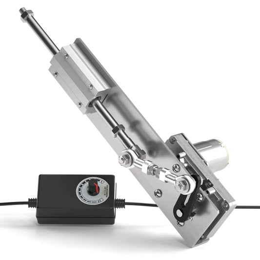 DIY Reciprocating Linear Actuator Stroke 2cm-8cm Adjustable Telescopic Motor with Speed Controller, shown with chrome tube and control box