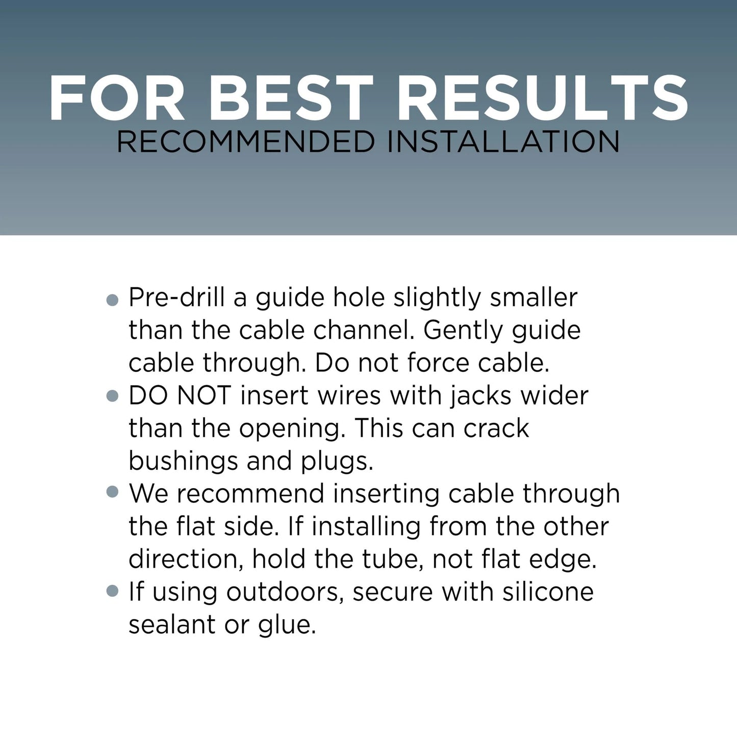 Installation instructions for Dual Feed Through Bushing For RG6 Coaxial Cable Pass Through, detailing proper cable insertion methods.